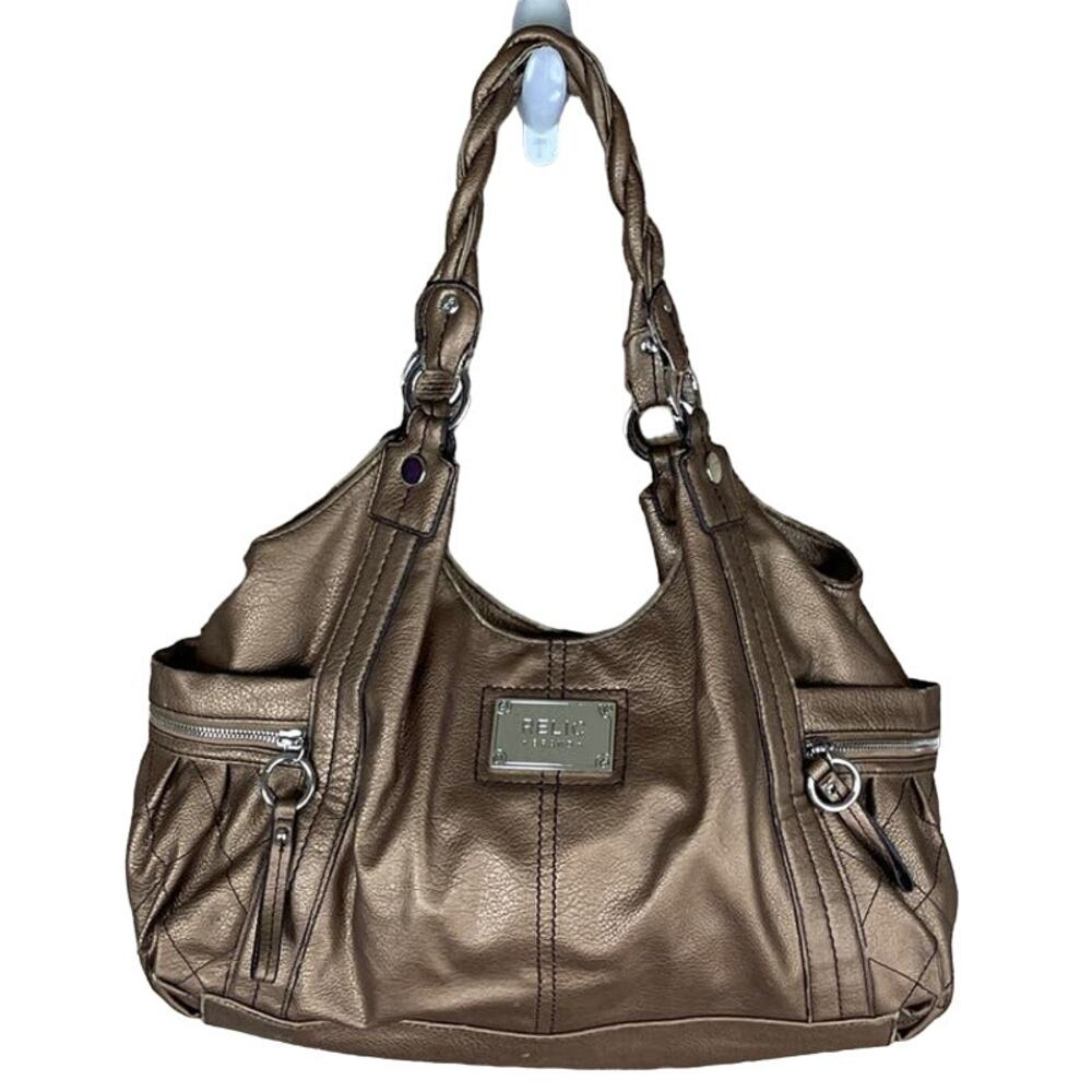 Relic Brand Faux Leather Purse Hobo Shoulder Bag Braided Straps Bronze Brown